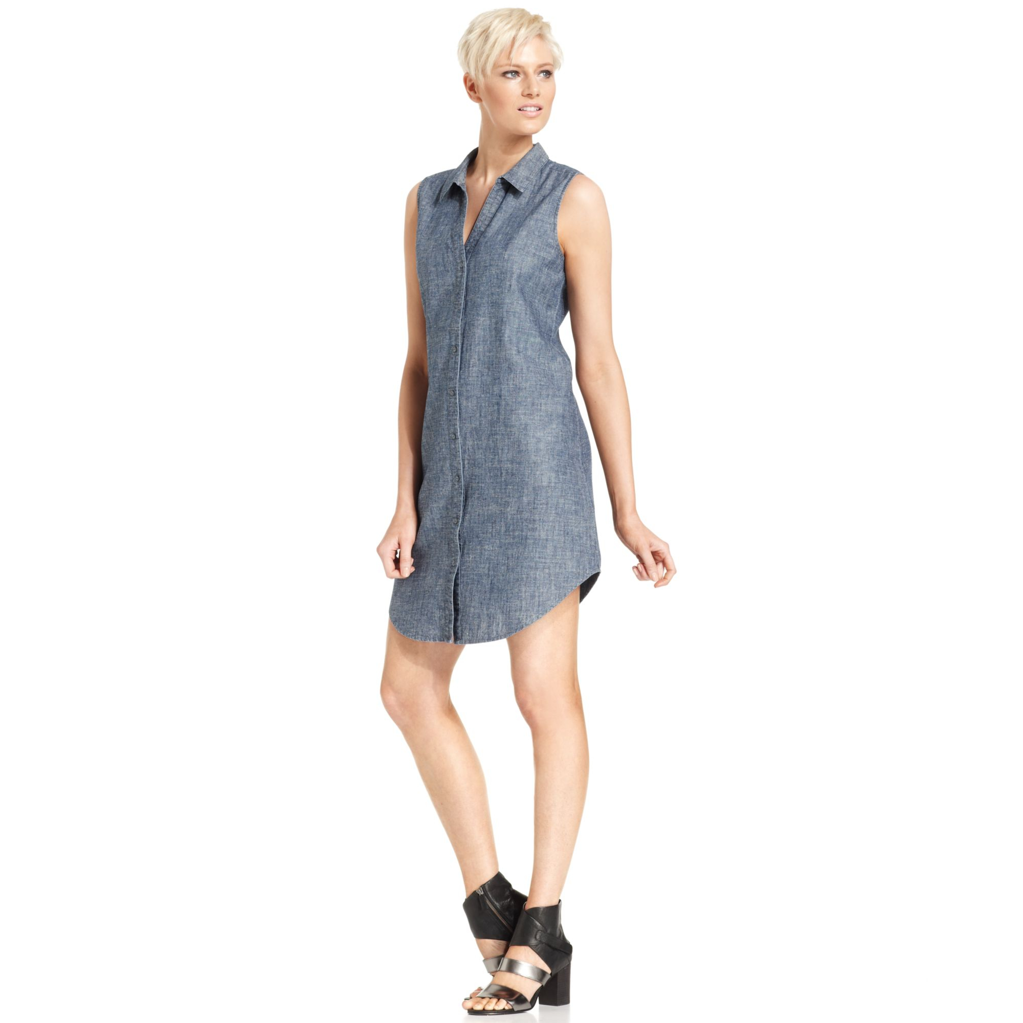 Eileen Fisher Sleeveless Button-front Chambray Dress in Blue (Denim) | Lyst