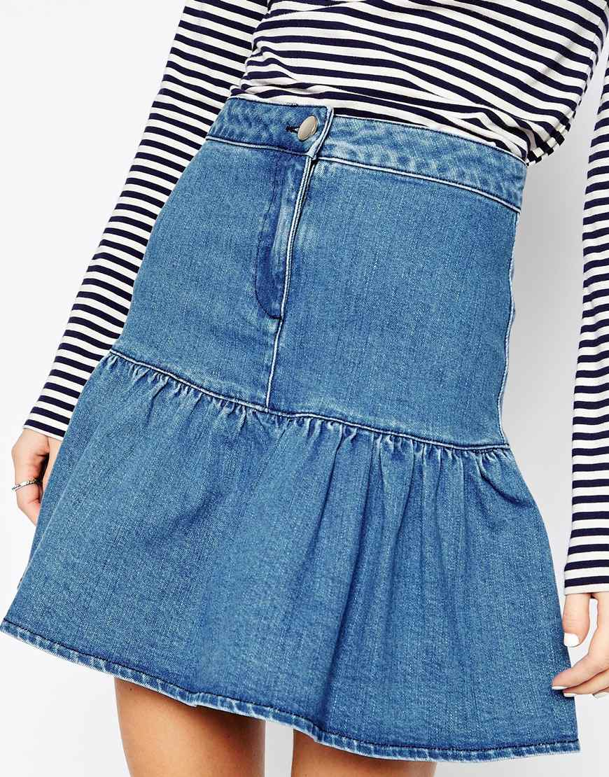 Asos Denim Mini Skirt With Ruffle Hem In Mid-wash Blue in Blue | Lyst