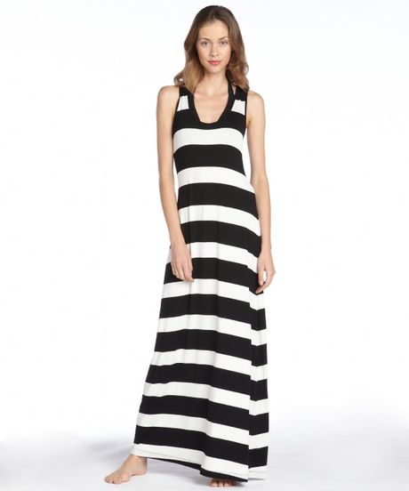 Calvin Klein Black And White Stretch Striped Racerback Coverup Dress in ...