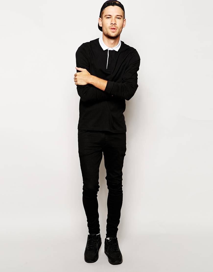 Lyst - Asos Long Sleeve Polo Shirt With Woven Collar in Black for Men