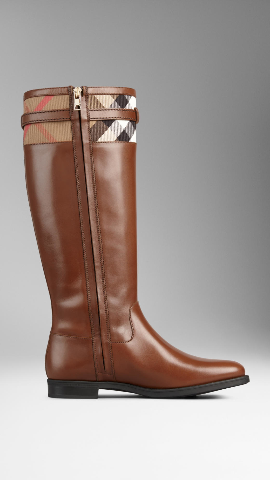 Burberry Leather House Check Detail Riding Boots in Dark Tan (Brown) - Lyst
