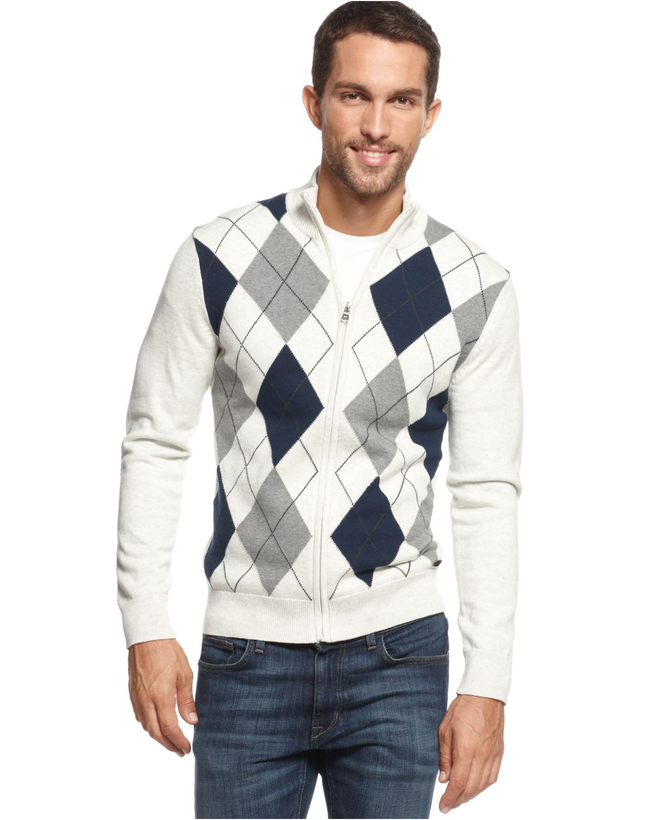 Lyst - Inc international concepts Andie Argyle Full-Zip Sweater in Gray ...