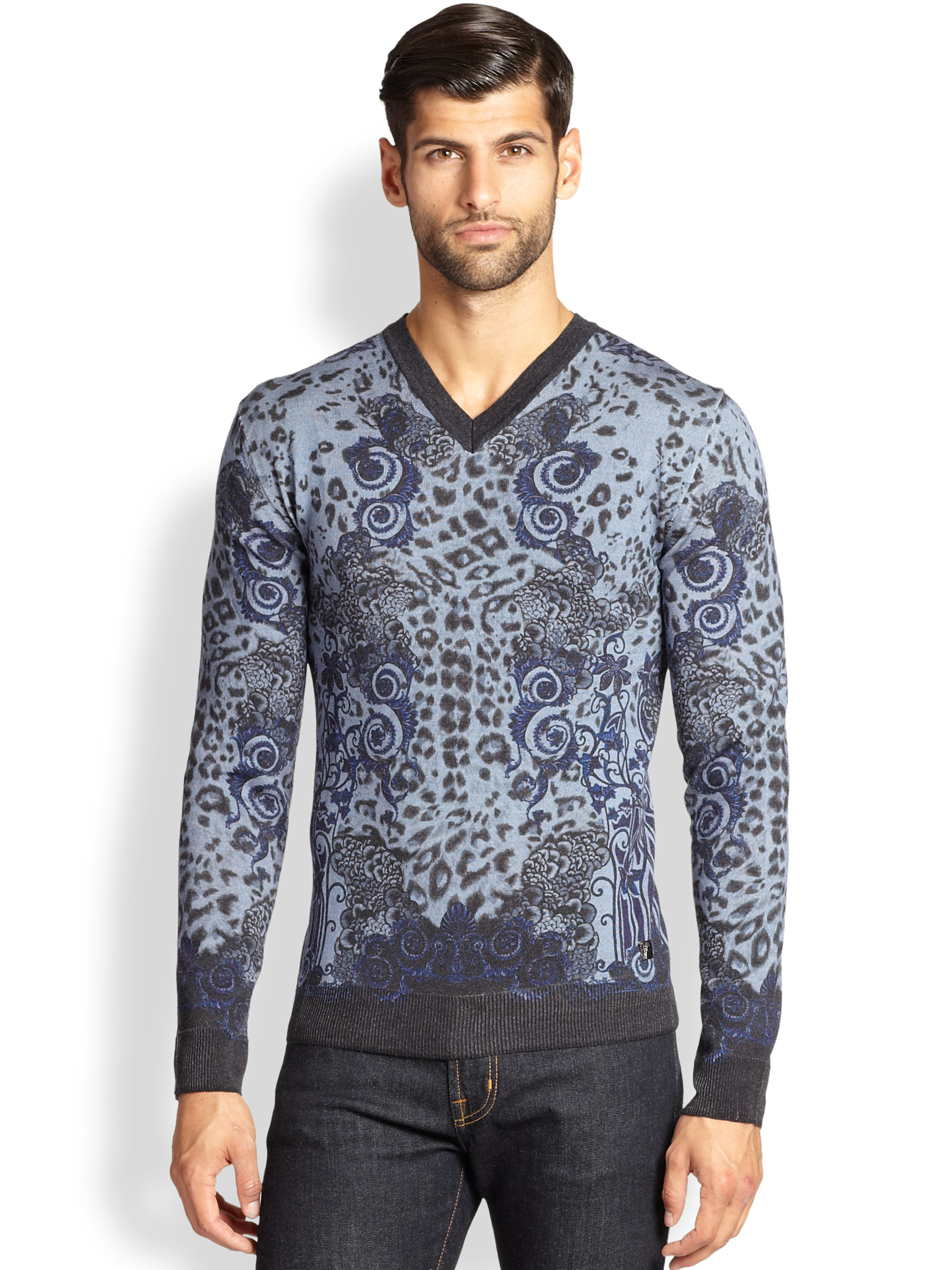 Versace | Blue Printed Wool Sweater for Men | Lyst