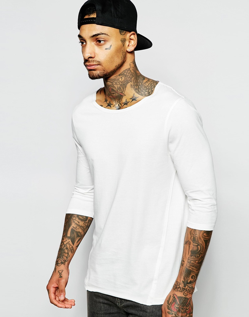 Lyst - Asos Longline 3/4 Sleeve T-shirt With Boat Neck And Twisted Seam ...