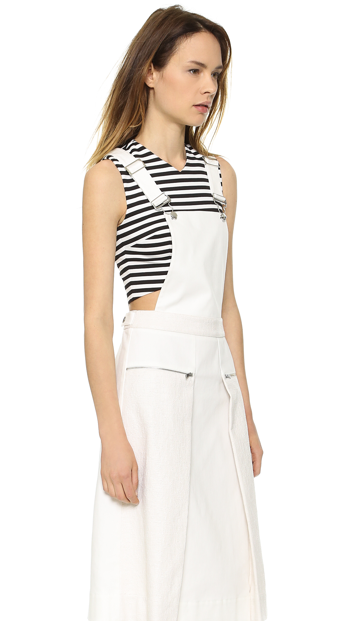 overall dress with white shirt