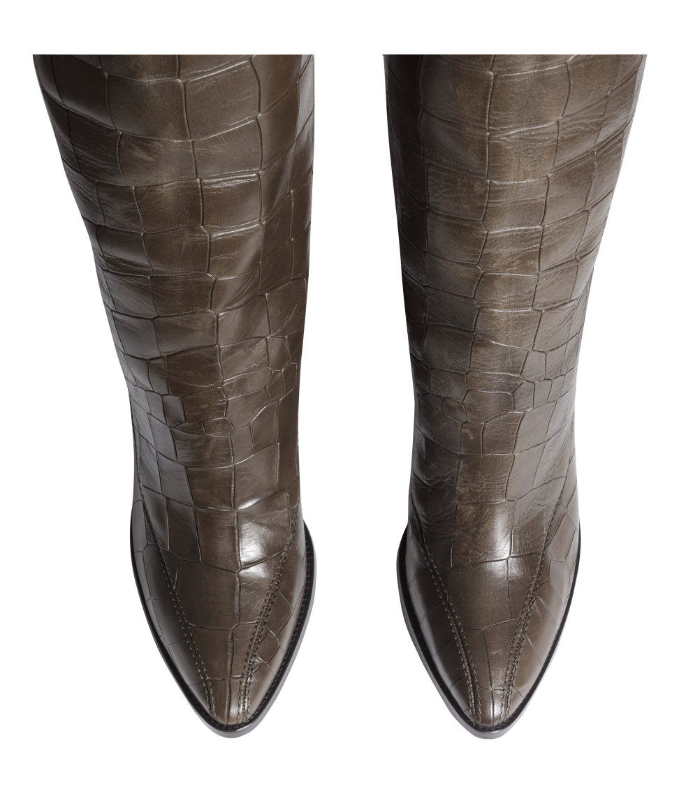 H&M Crocodile Print Leather Boots in Green - Lyst