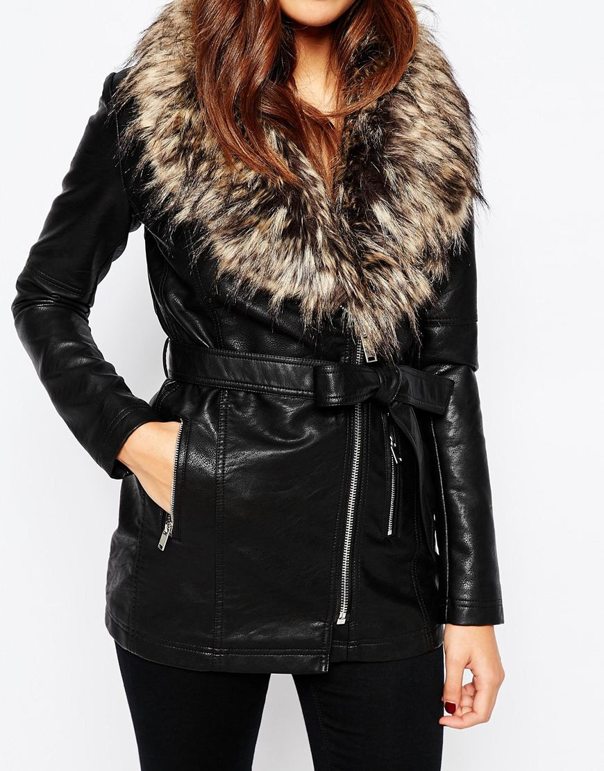 Lyst Warehouse Faux Leather And Fur Collar Jacket In Black