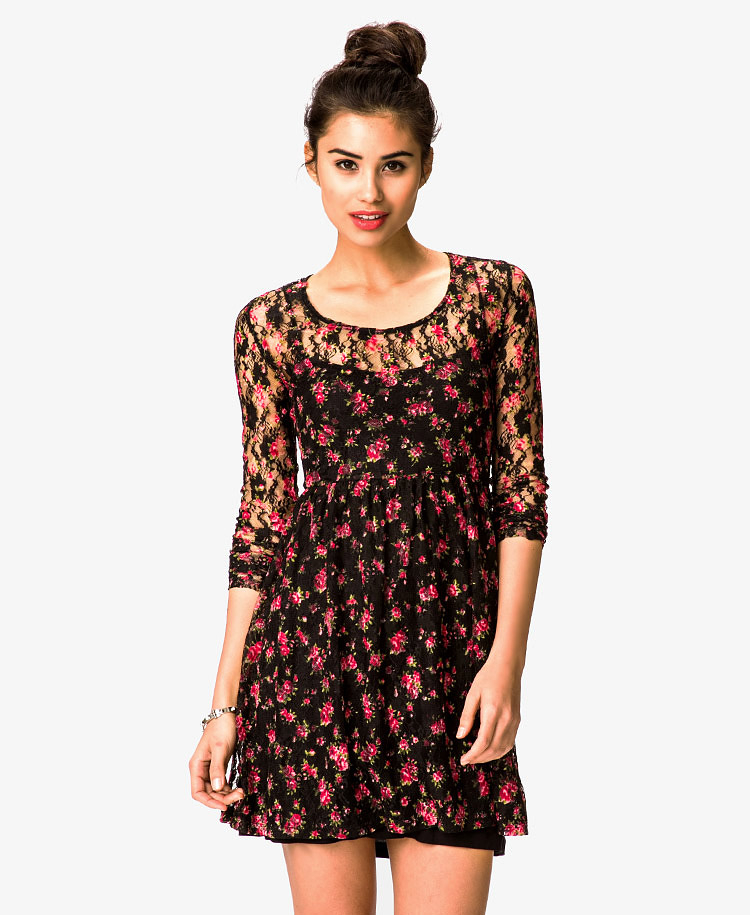 Lyst - Forever 21 Floral Print Lace Dress in Black