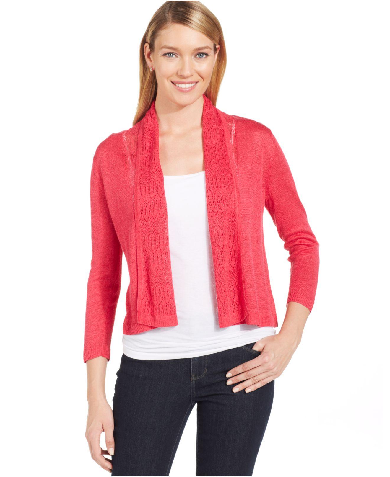 Jones new york Collection Petite Cropped Pointelle-trim Cardigan in Red ...