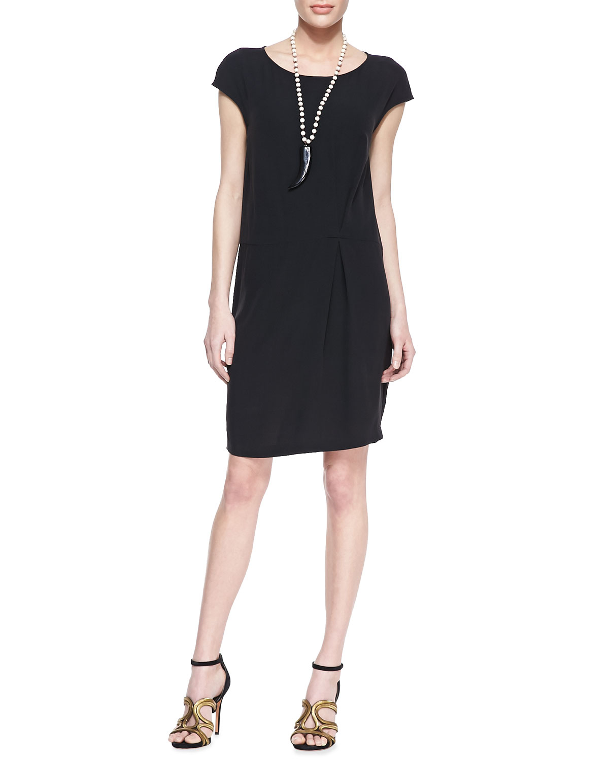 Eileen Fisher Silk Capsleeve Shift Dress in Black | Lyst