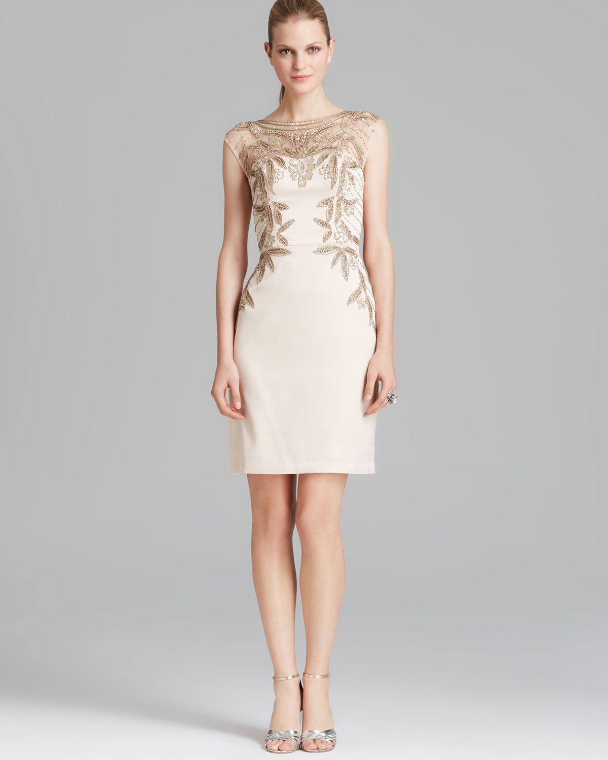 Lyst Sue Wong Dress Cap Sleeve Illusion Neckline Beaded In Natural Gallery