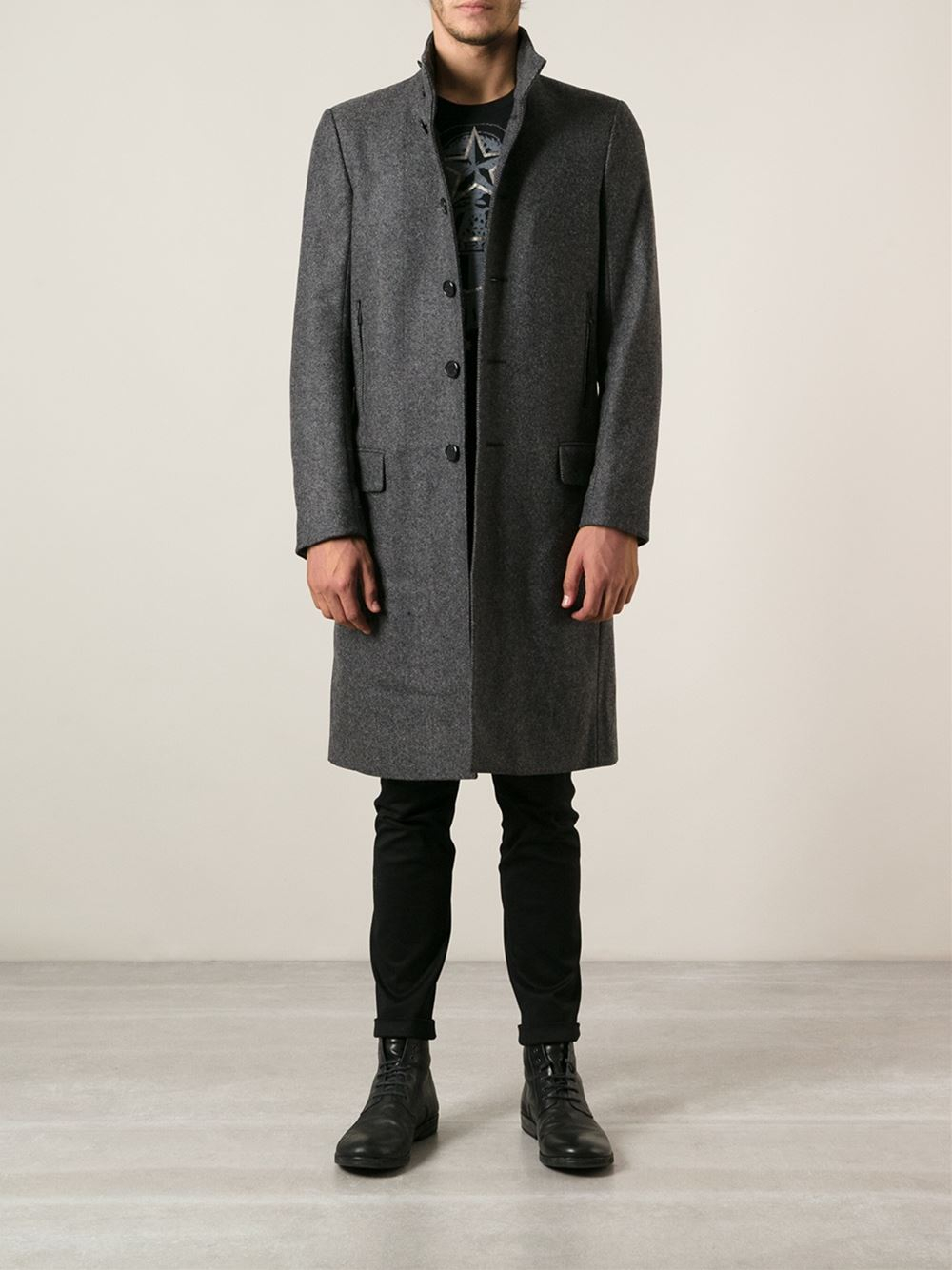 Lyst - Diesel Herringbone Pattern Funnel Collar Coat in Gray for Men