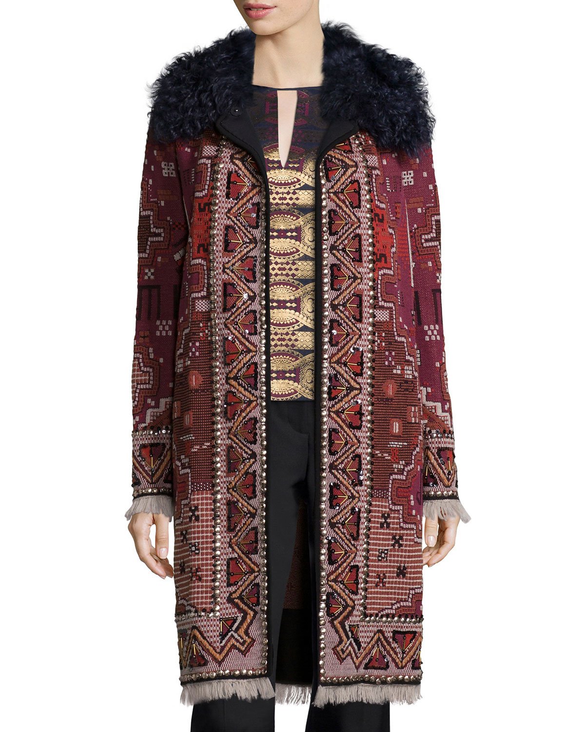 Lyst - Tory Burch Tapestry Coat W/ Fur Collar in Gray