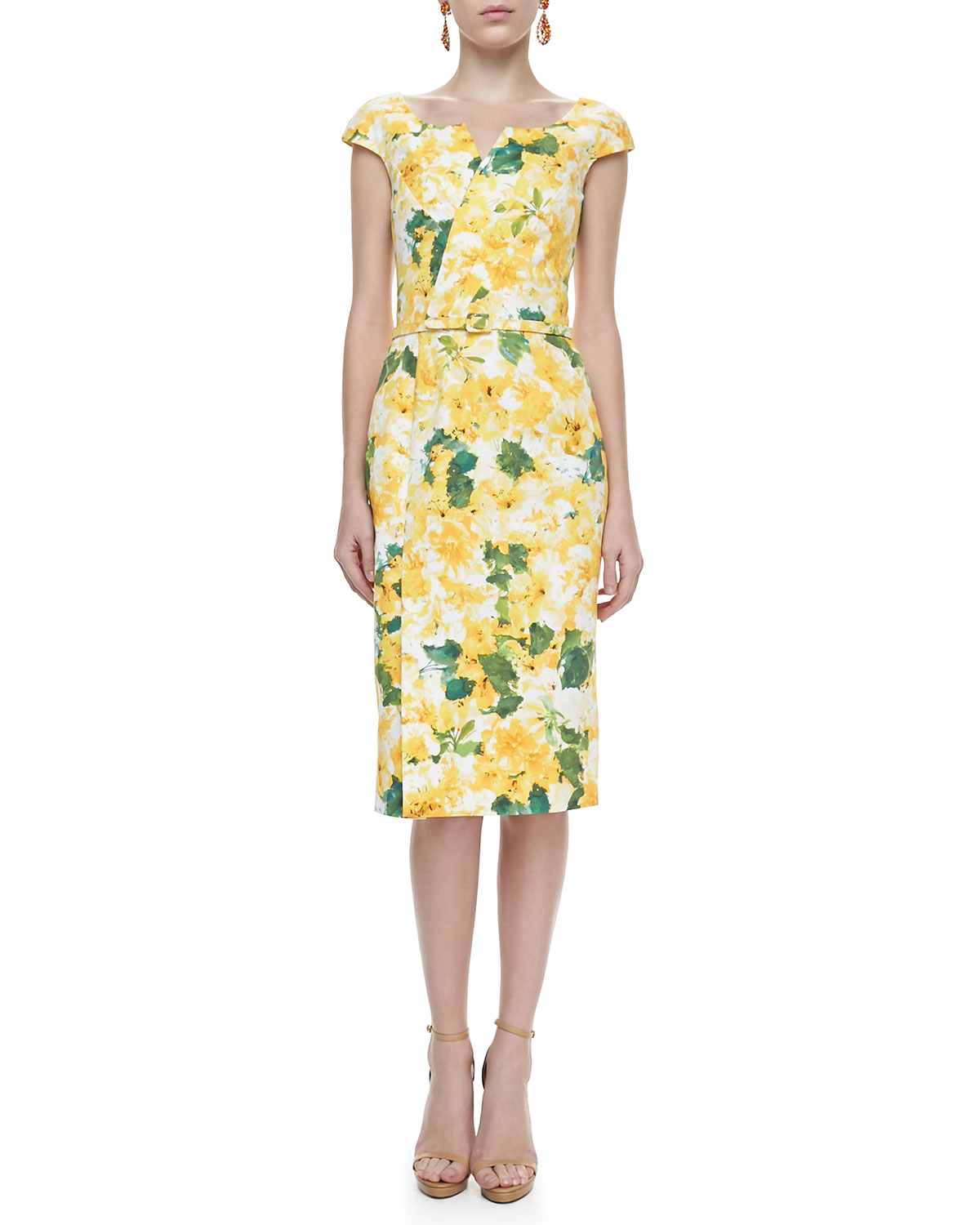 Lyst - Oscar De La Renta Capsleeve Floralprint Dress Yellow in Yellow