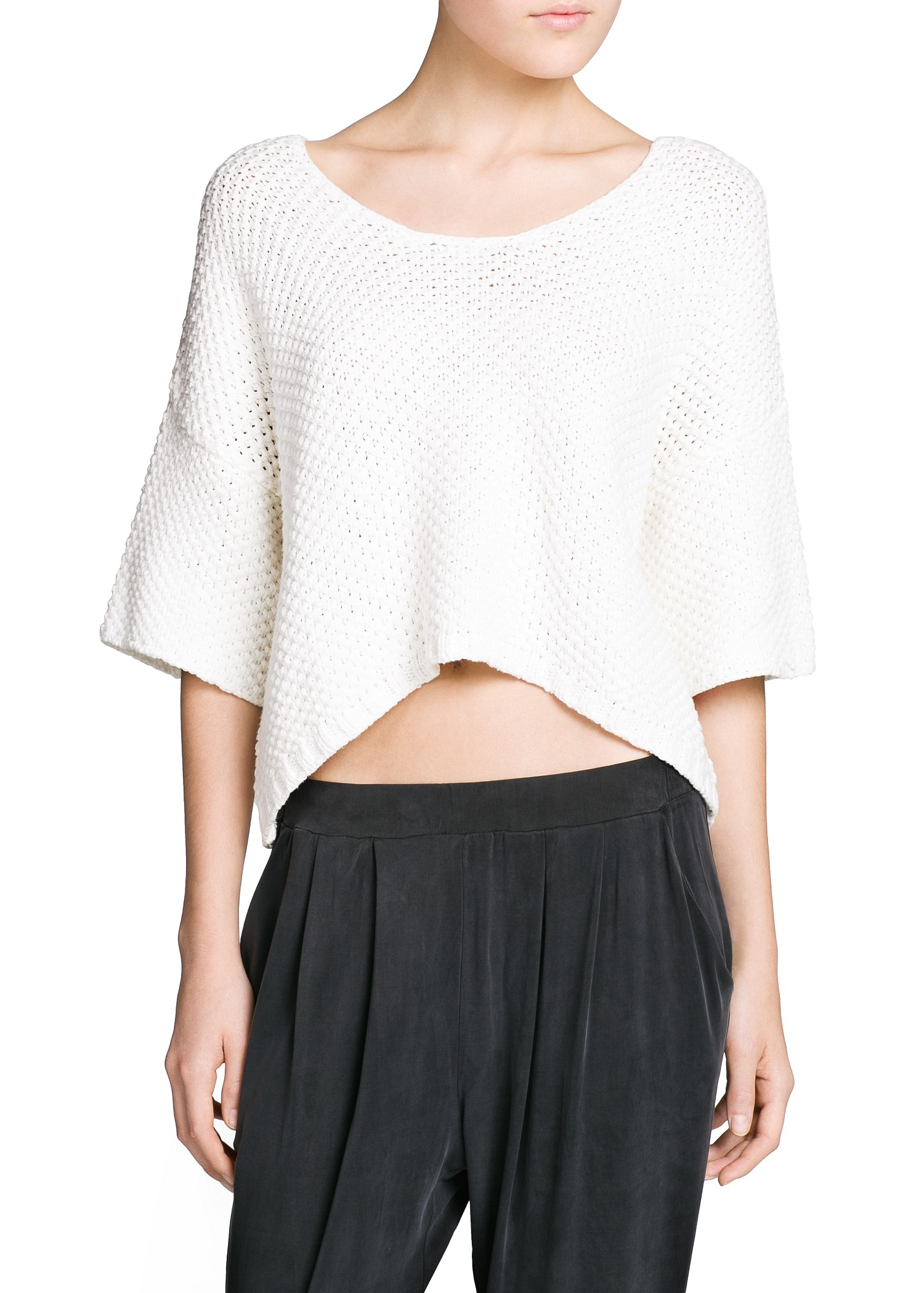 Mango Cropped Chunky Knit Sweater in White | Lyst