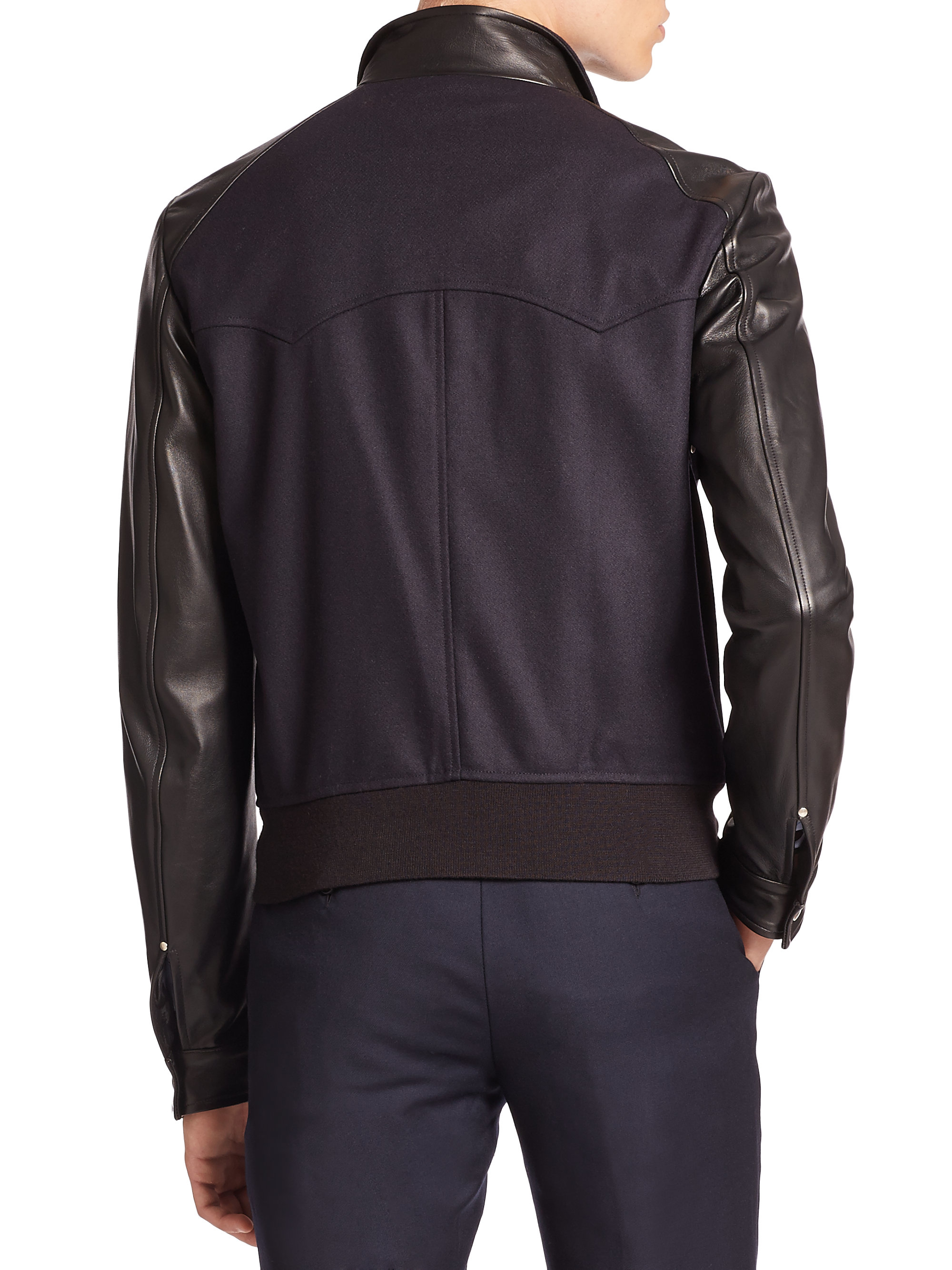 The kooples Leather-trimmed Bomber Jacket in Blue for Men | Lyst