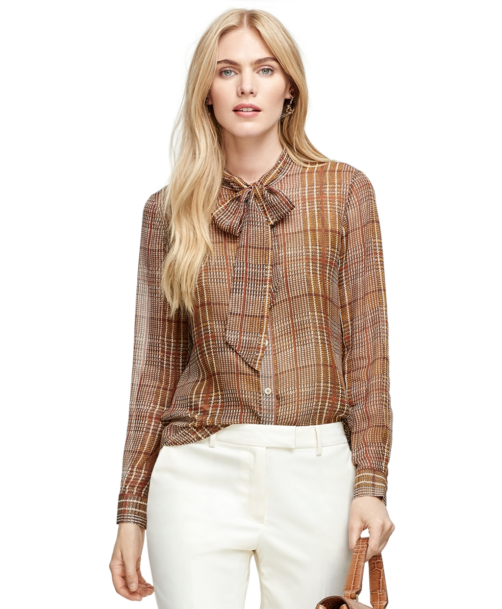 Lyst - Brooks Brothers Bow-front Silk Plaid Blouse in Brown