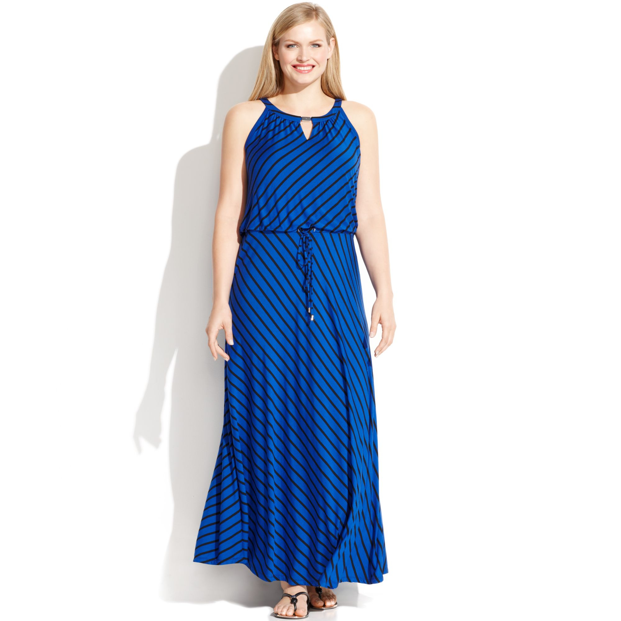 Lyst - Calvin Klein Plus Size Sleeveless Striped Keyhole Maxi Dress in Blue