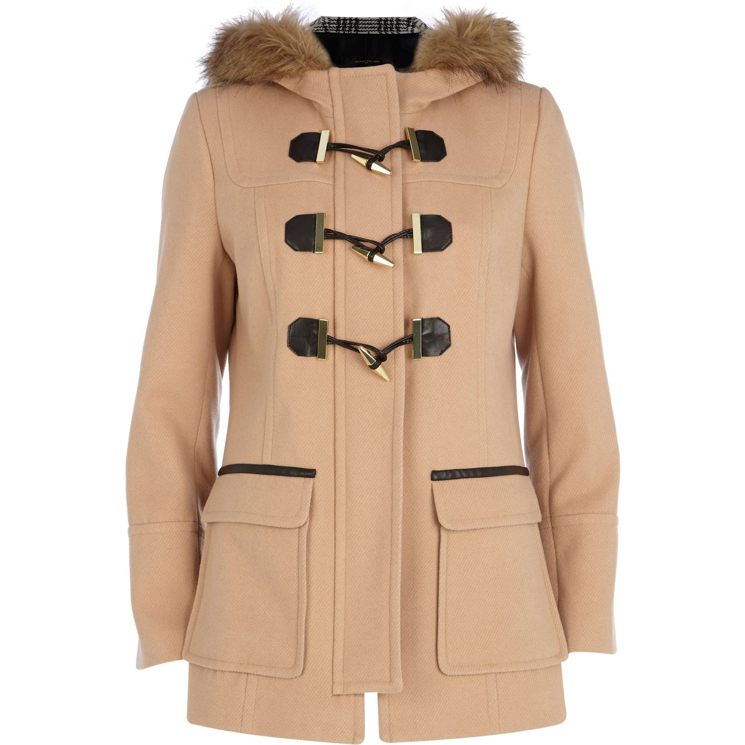 River Island Camel Faux Fur Hood Duffle Coat in Beige (Brown) | Lyst