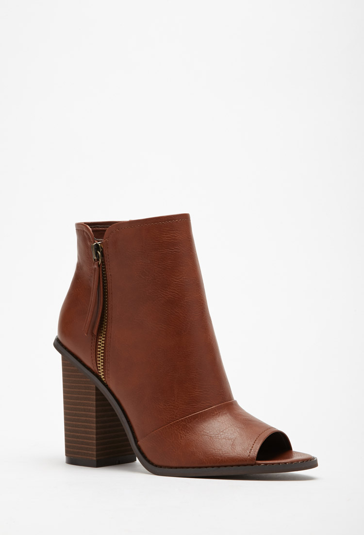 brown leather peep toe booties