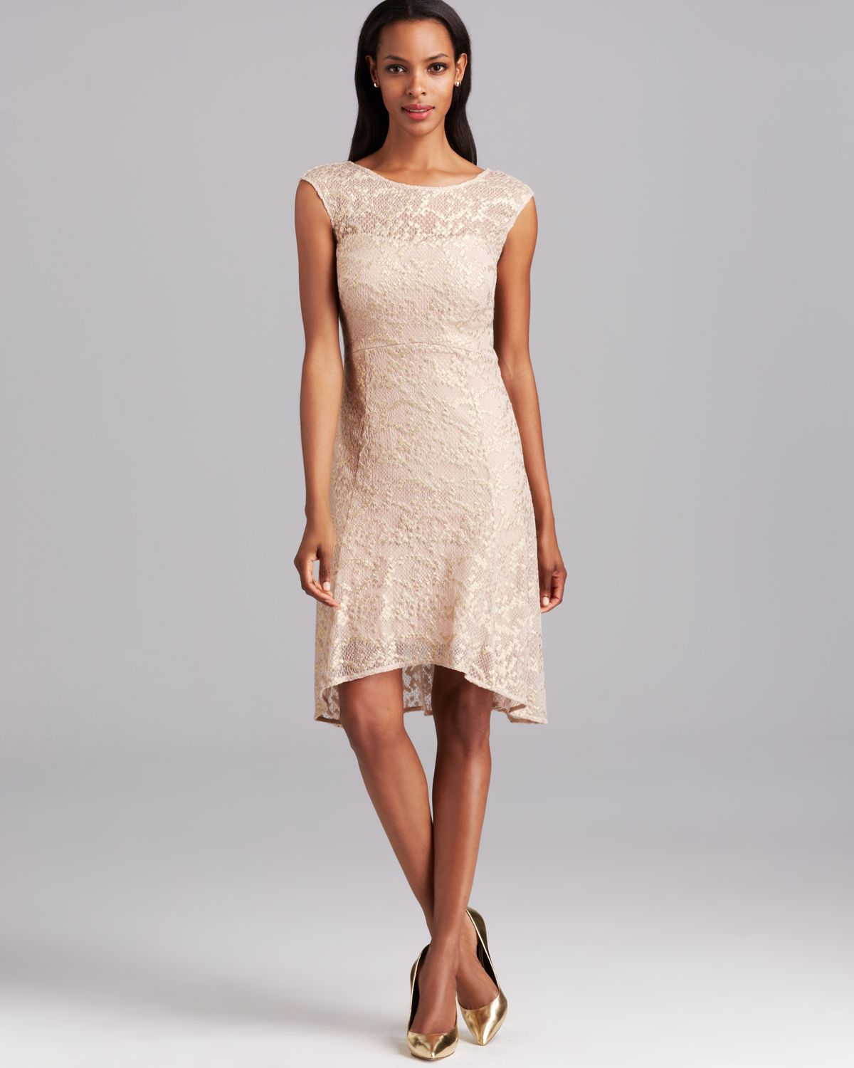 Lyst - Kay Unger Dress Cap Sleeve Metallic Knit Lace Highlow in Pink