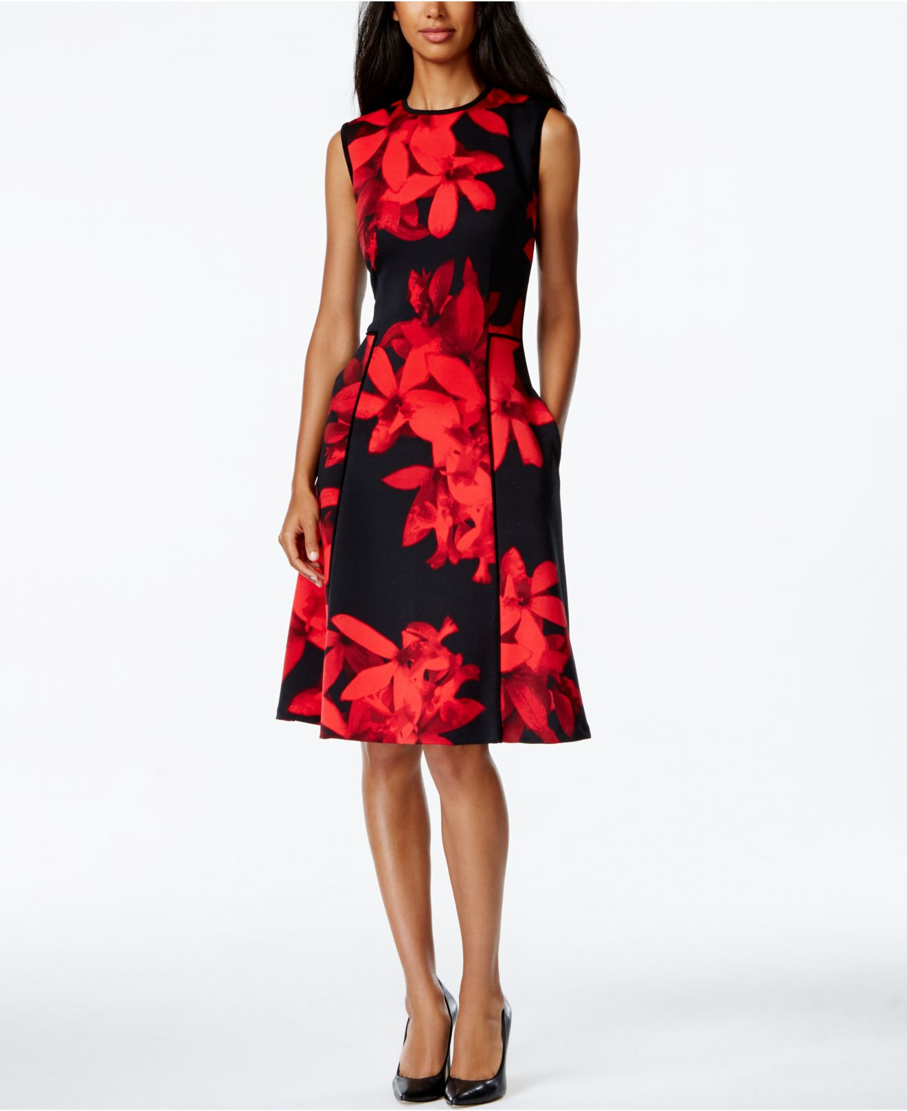 Lyst - Calvin Klein Floral-print Side-pocket Dress in Red
