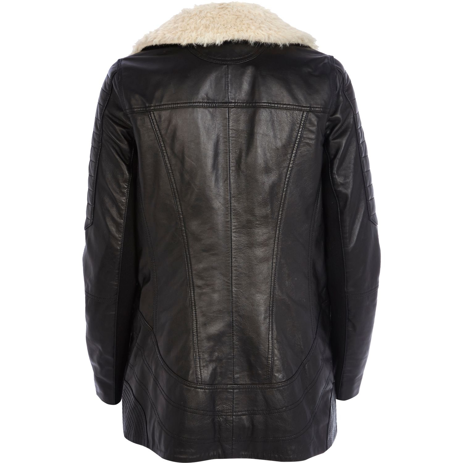 River Island | Black Faux Fur Lined Longline Leather Jacket | Lyst