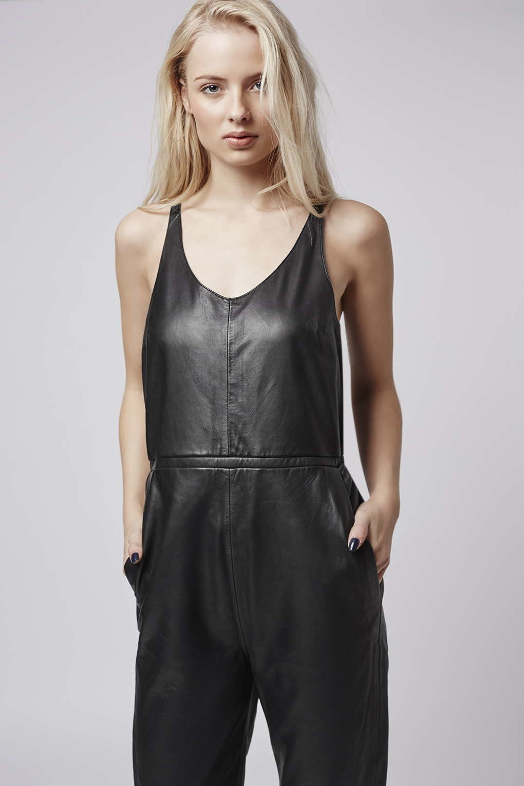 Black Faux Leather Long Sleeves Jumpsuit