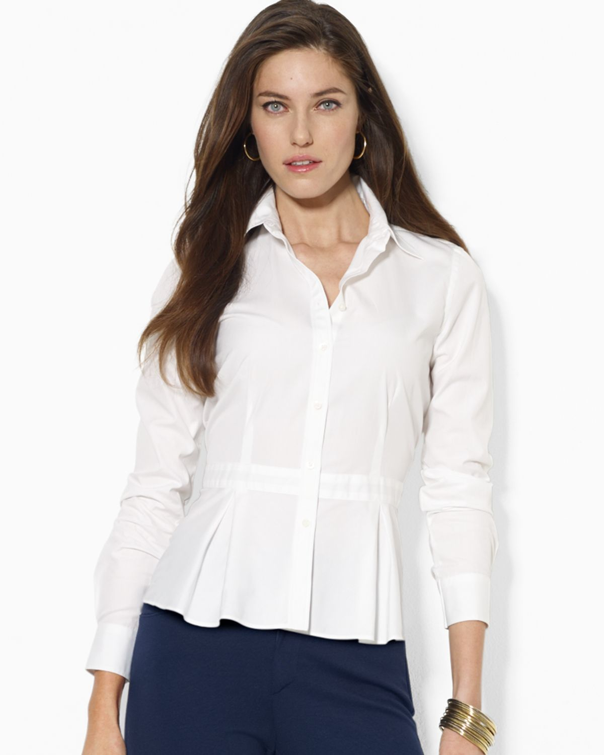 Lyst - Ralph lauren Lauren Peplum Button Front Shirt in White