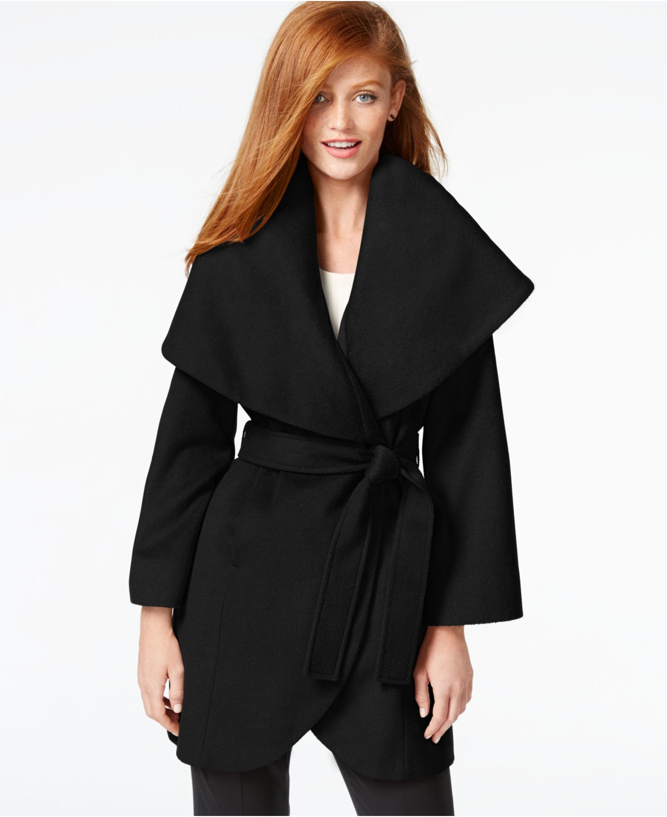 Tahari Wool-blend Wrap Coat in Black | Lyst