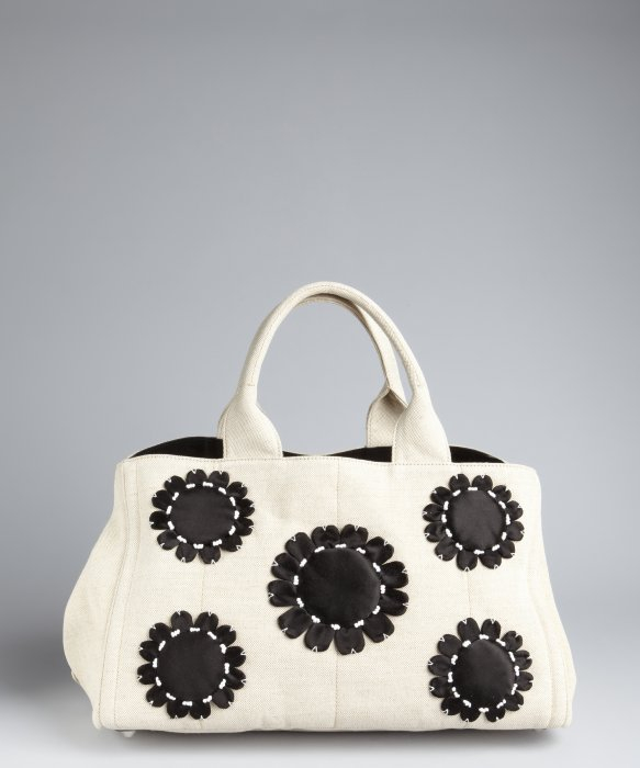 prada shopping tessuto saffiano tote bag - Prada Cream and Black Canvas Flower Detail Tote in White (cream ...