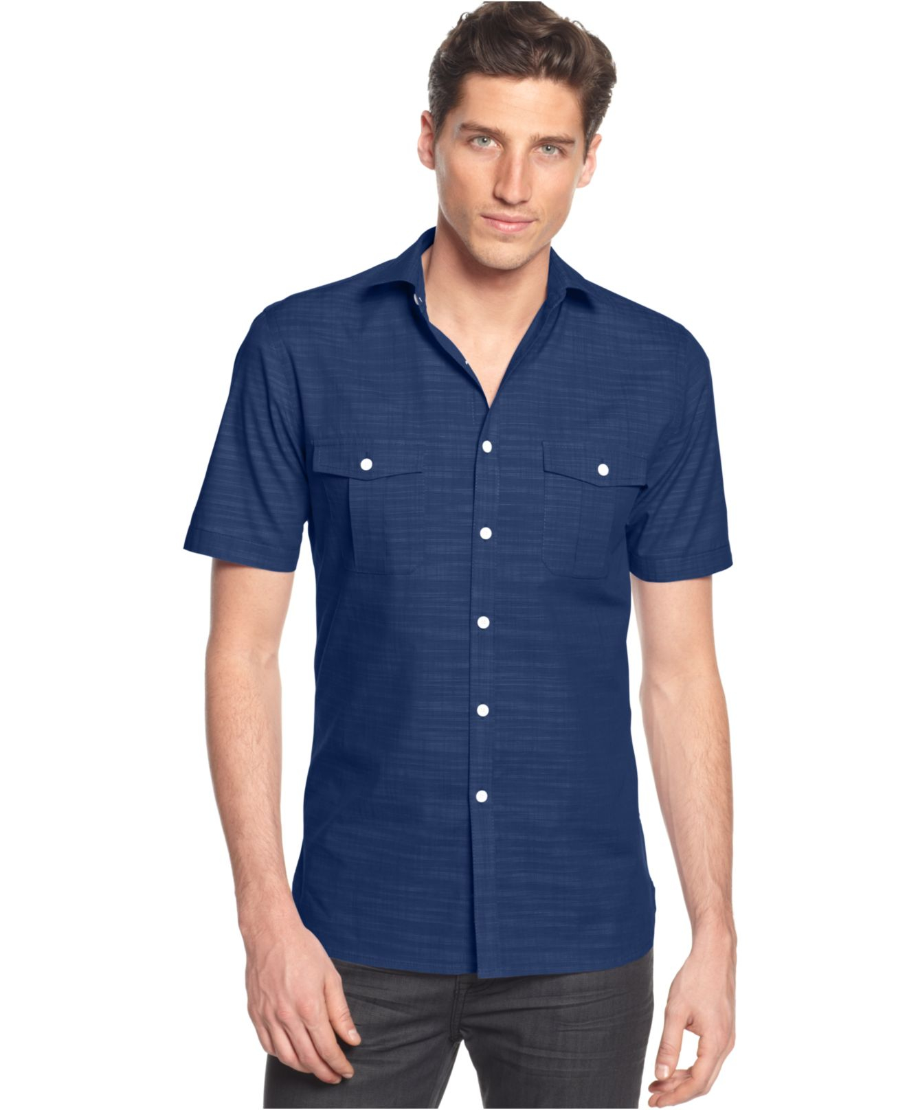 Alfani Short Sleeve Warren Textured Shirt in Blue for Men (Blue Jeans ...