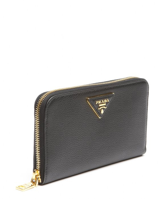 Prada Black Leather Zip Around Continental Wallet in Black | Lyst  