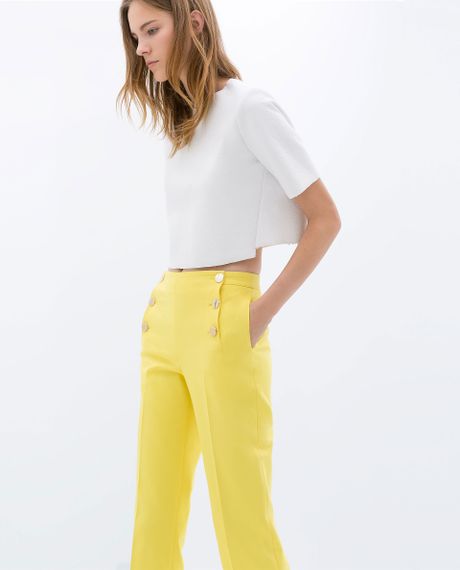 Zara Cropped Trousers with Button Front in Yellow | Lyst