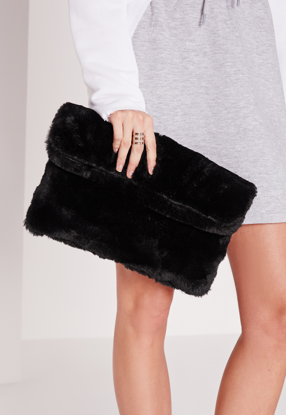 Missguided Fold Over Fur Clutch Bag Black In Lyst