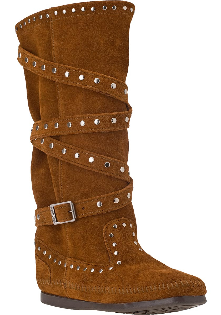 Minnetonka Tall Studded Strap Boot Brown Suede Lyst
