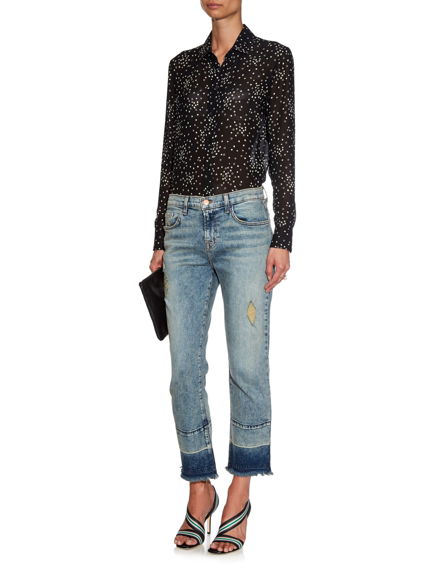 J brand Adele Distressed Cropped Flared Jeans in Blue | Lyst