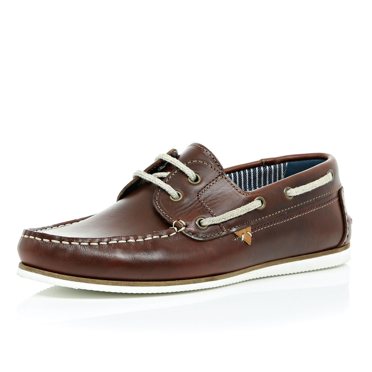 Lyst - River Island Brown Leather Boat Shoes in Brown for Men