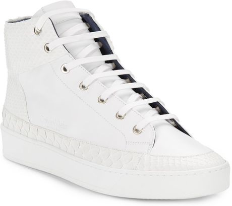 Calvin Klein Embossed Leather High-Top Sneakers in White for Men | Lyst