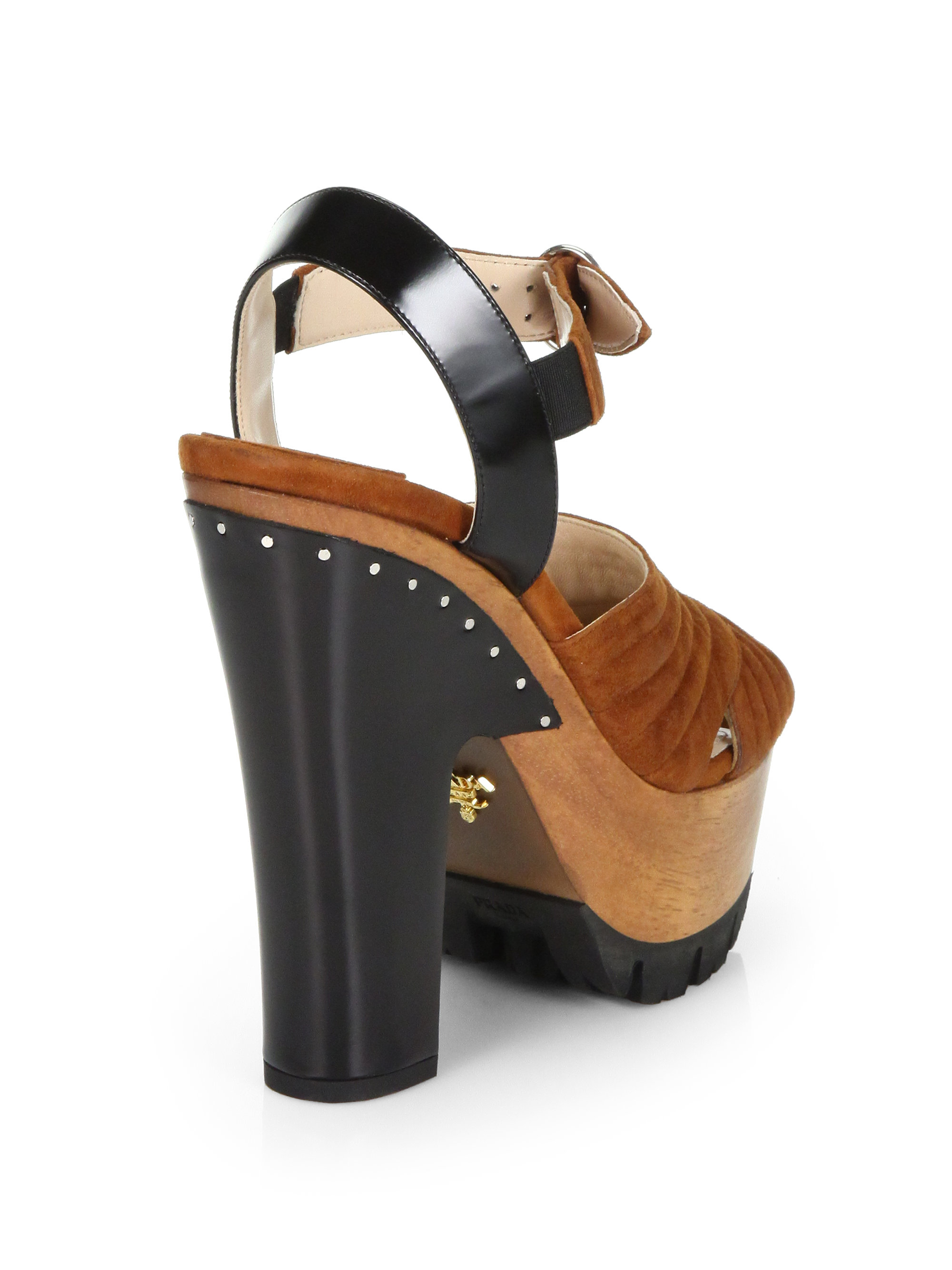 Prada Suede Wooden Platform Sandals in Black (BROWN-BLACK) | Lyst  