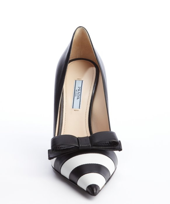 Lyst - Prada Black and White Striped Leather Bow Detail Pumps in White