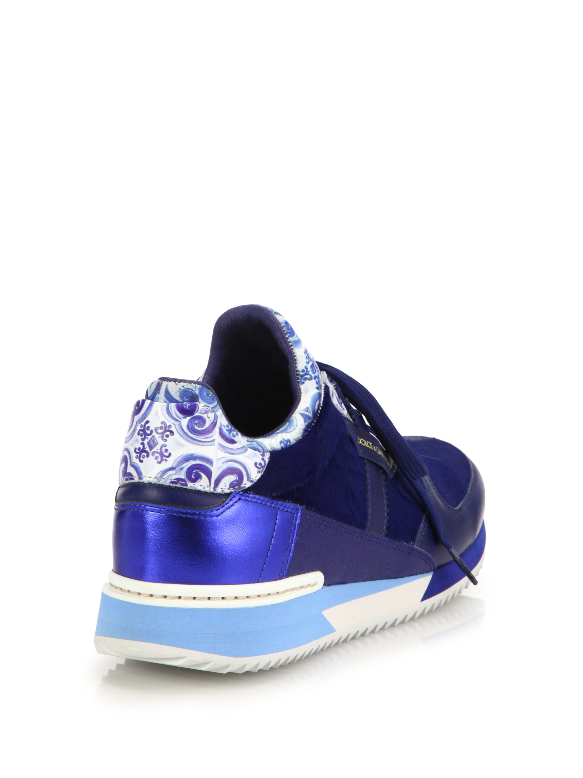 Lyst - Dolce & Gabbana Tile-Print Leather & Calf Hair Sneakers in Blue