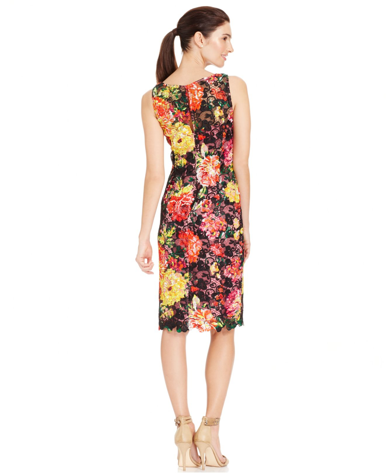 Adrianna papell Floral-print Lace Sheath Dress in Black | Lyst