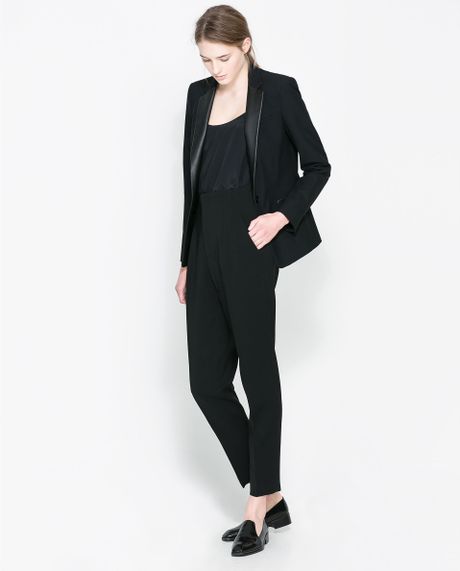 Zara Blazer With Faux Leather Lapel in Black | Lyst