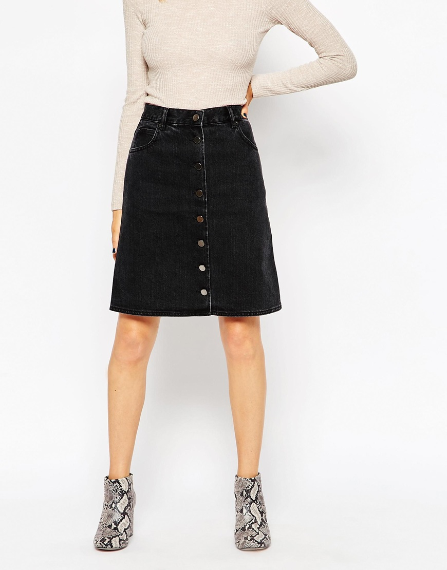 long denim skirt with ruffle hem