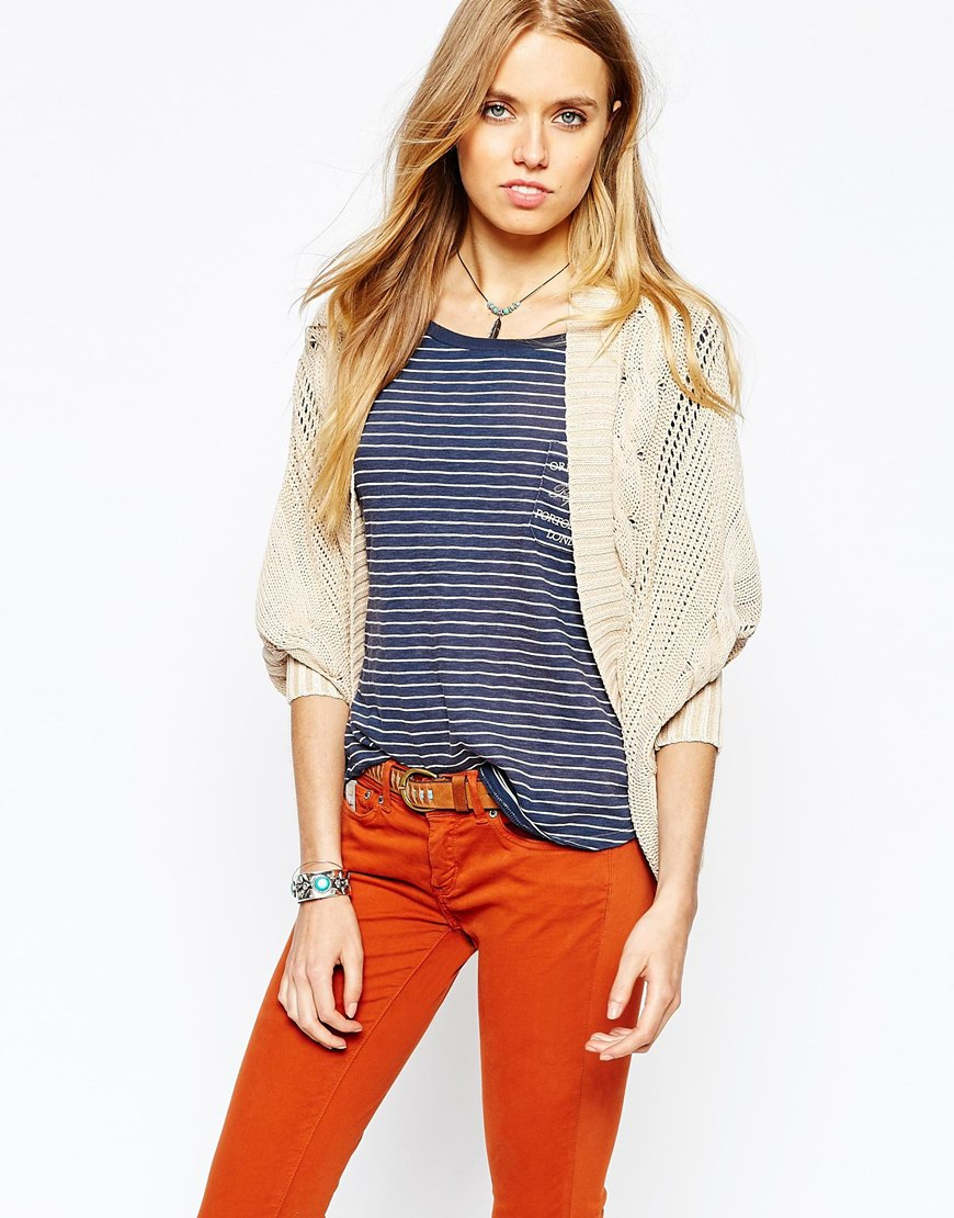  Pepe  Jeans  Relaxed Cable Knit Cardigan  in Natural Lyst