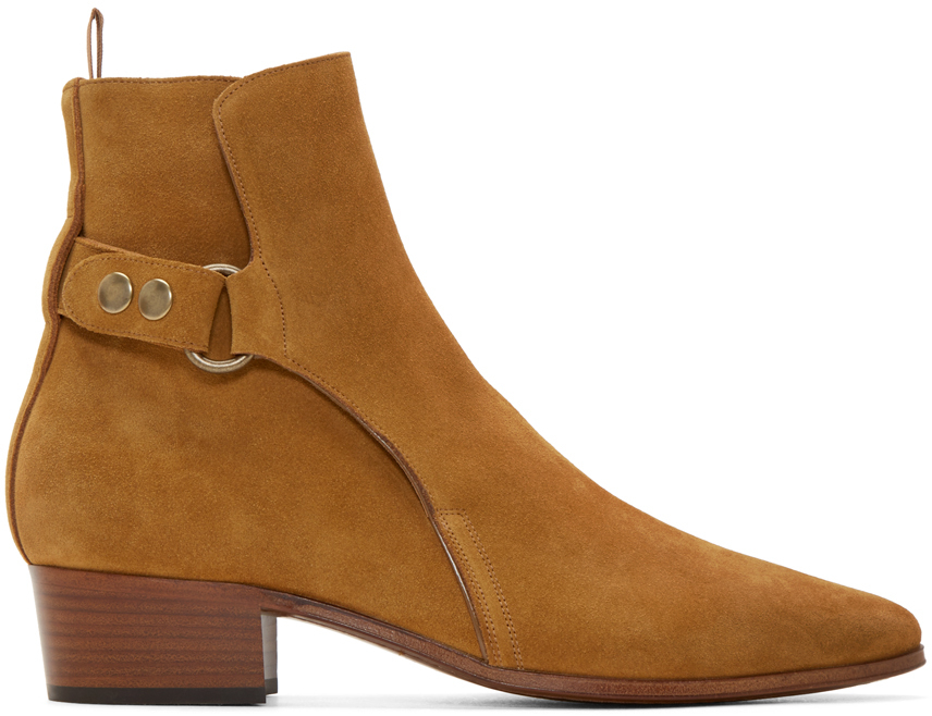 Saint laurent Tan Suede Snap French Ankle Boots in Brown 