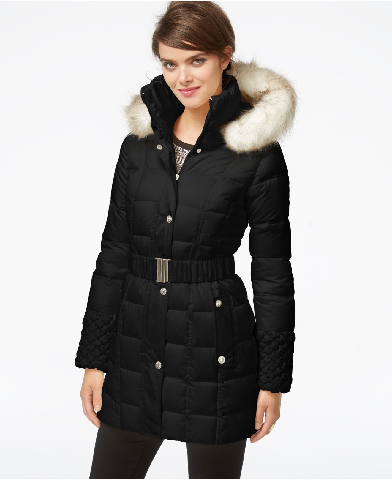 Lyst - Betsey Johnson Faux-fur-hood Belted Puffer Coat in Black
