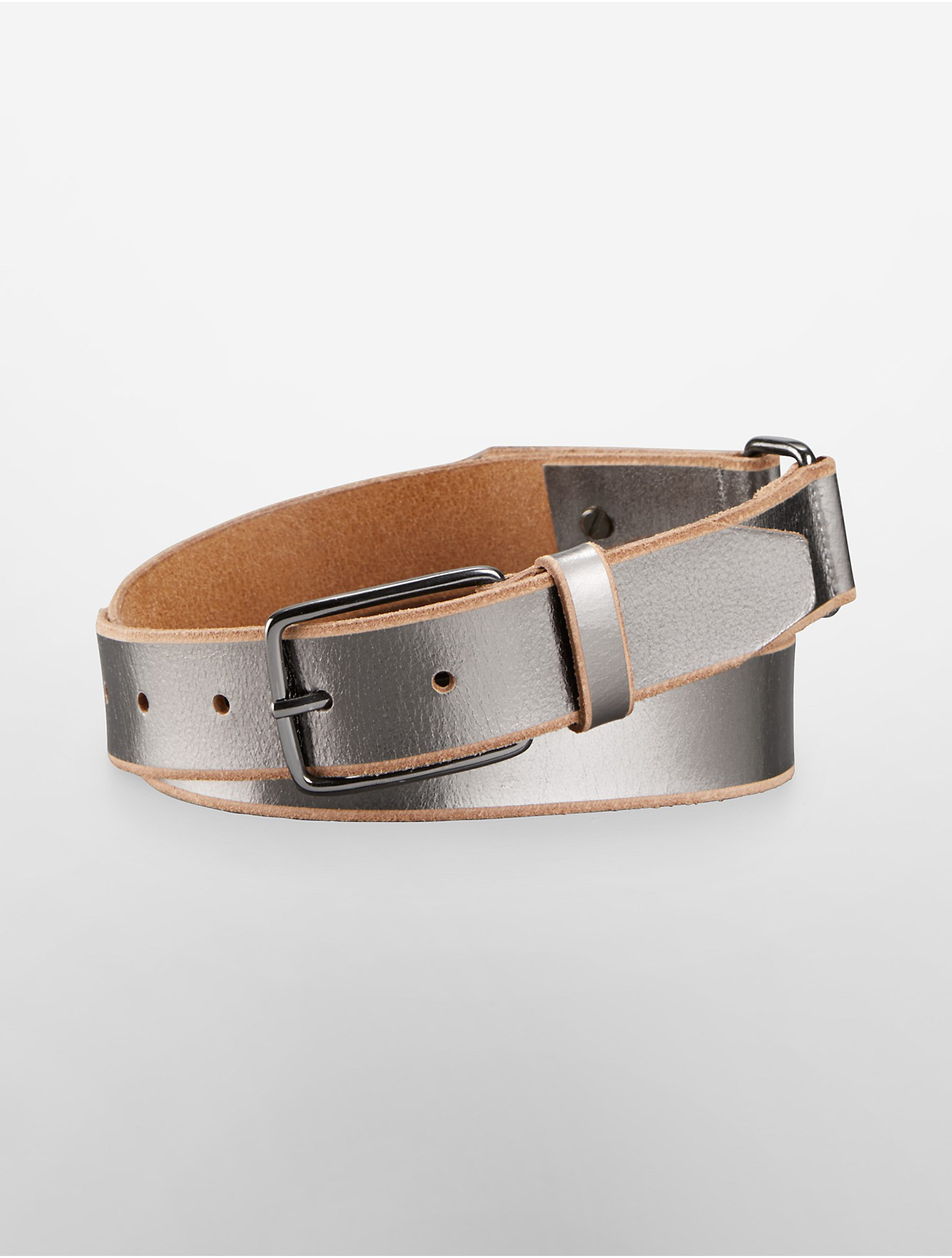 Calvin klein Raw Edge Metallic Leather Belt in Silver (PEWTER) | Lyst