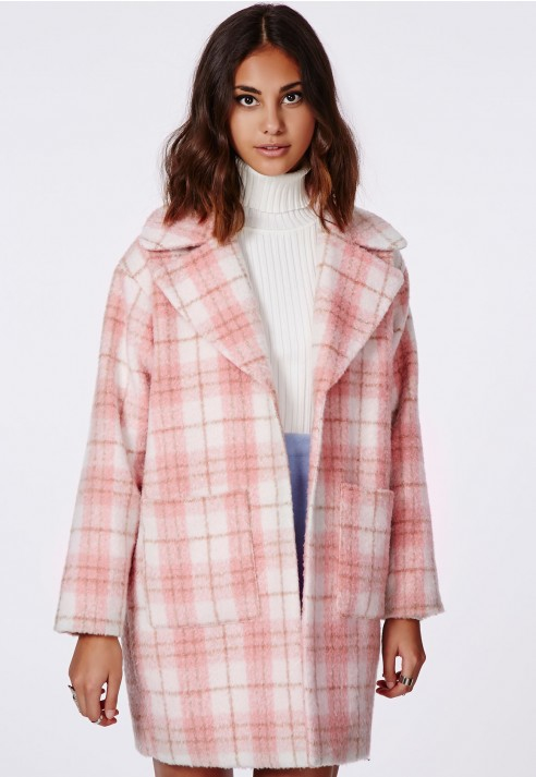 Missguided Lena Oversized Cocoon Coat Pink Check in Pink | Lyst